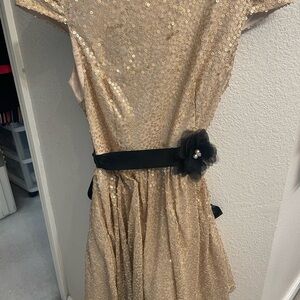 City Studio Gold Sequin Dress with Black Flower Belt